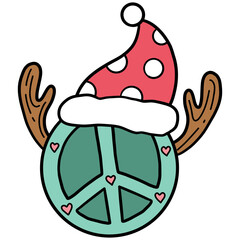christmas Festive peace symbol ornament with reindeer antlers and winter hat