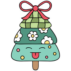 christmas Cute cartoon tree with flowers and a bow, smiling happily.