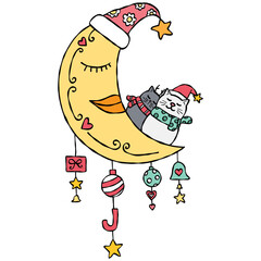 christmas Sleeping cat on a crescent moon decorated for the holidays.