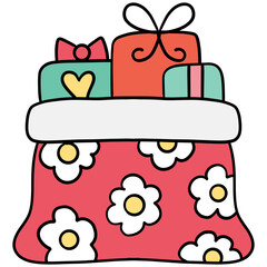 christmas Gift bag filled with colorful presents and floral patterns.