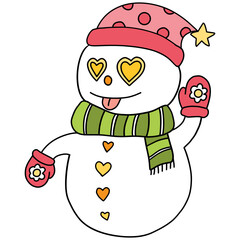 christmas Cute snowman with heart-shaped eyes and colorful accessories.