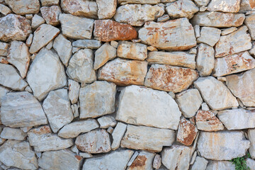 Rugged Gray Stone Wall Of Stacked Rocks With Sparse Dry Grass Detailing