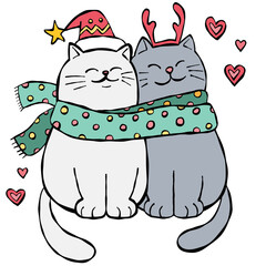christmas Two adorable cats in holiday attire cuddling together.
