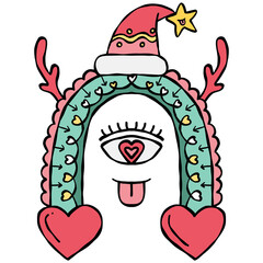 groovy christmas Playful cartoon character with festive elements and hearts.