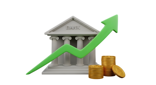 Bank building with rising green arrow graph and stacked coins symbolizing financial growth and prosperity.