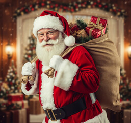 P&egrave;re-No&euml;l avec sa hotte remplie de jouets sur le dos