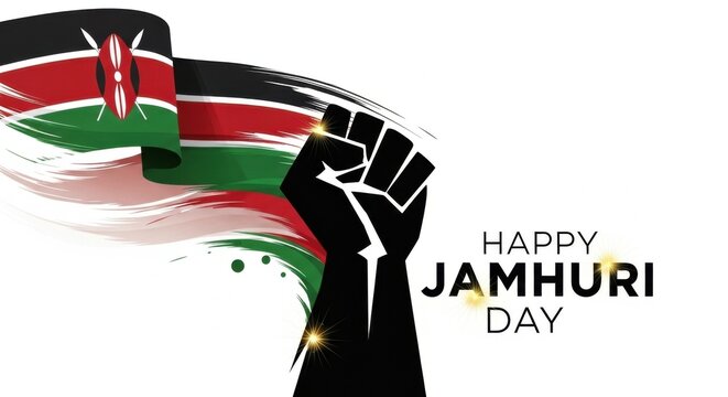 Festive Jamhuri Day illustration with the Kenyan flag and raised fist symbolizing independence, freedom, unity, and national pride. Ideal for celebrations, banners, and cultural campaigns