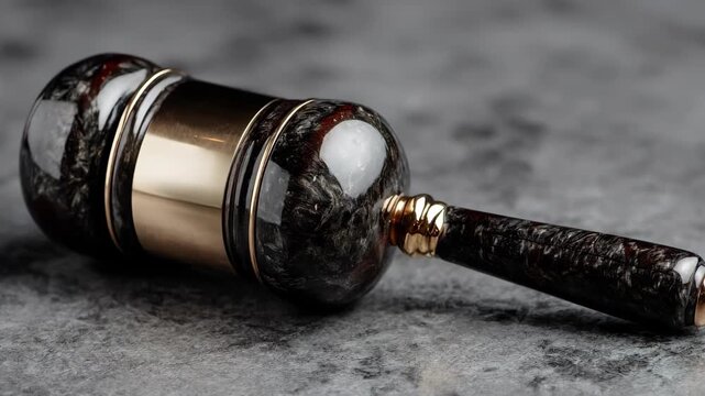 Closeup of a polished auctioneers gavel striking a wooden block symbolizing authority and finality in highstakes auctions with a sleek modern finish.