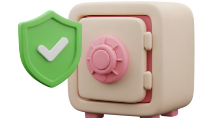 Secure and protected safe with a green shield and checkmark, symbolizing safety and trust.