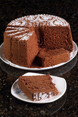 Chocolate chiffon cake, made with egg yolks, egg whites, oil, skim milk, baking powder, sugar, all-purpose flour, and cocoa powder.