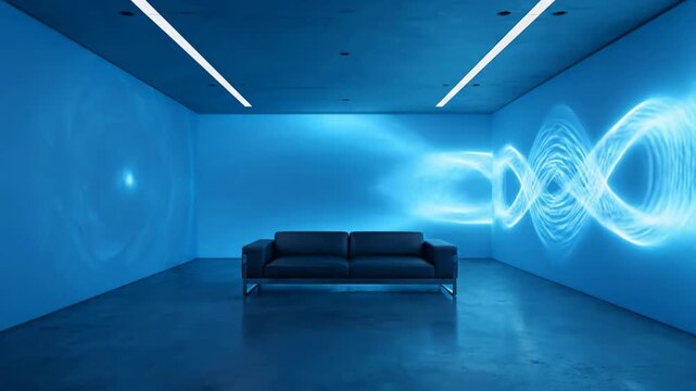 Futuristic blue room with sofa and abstract light projections.