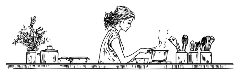 woman cooking in kitchen hand drawn sketch