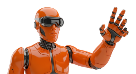 Futuristic orange robot wearing VR goggles, reaching out with open hand, isolated on white