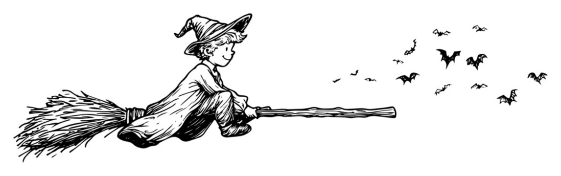 witch flying on broom with bats hand drawn sketch
