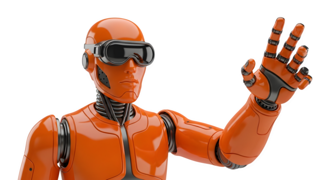 Futuristic orange robot wearing VR goggles, reaching out with open hand, isolated on white