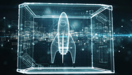 Blueprint for Launch: A futuristic depiction of a rocket ship encapsulated within a digital framework, symbolizing technological advancement and innovative potential.