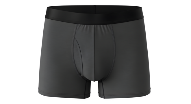 Comfortable and stylish dark grey boxer briefs with black waistband, isolated on white background.