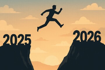 Happy new year 2026, Silhouette Man jumping from 2025 cliff to 2026 cliff on sky background. Concept of moving from year to year. New Year's concept.