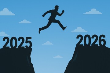 Happy new year 2026, Silhouette Man jumping from 2025 cliff to 2026 cliff on sky background. Concept of moving from year to year. New Year's concept.