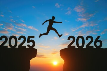 Happy new year 2026, Silhouette Man jumping from 2025 cliff to 2026 cliff on sky background. Concept of moving from year to year. New Year's concept.