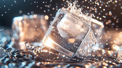 Sparkling Ice Cubes - Refreshing Macro Shot with Water Droplets.