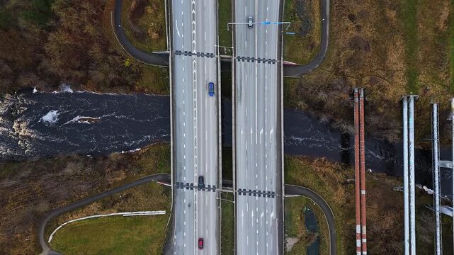 Autumn Aerial View of Highway Bridge and River in Tallinn - 4K Drone Video