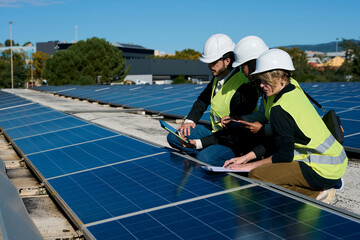 Engineers inspecting rooftop solar panel installation