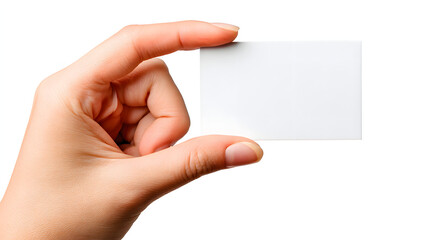A human hand presenting a blank white business card or credit card, ready for custom text or logo, isolated on white background