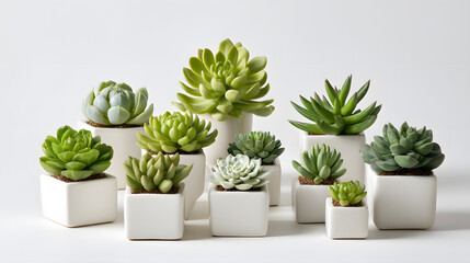 Collection of various green succulent plants in white ceramic pots isolated on white background