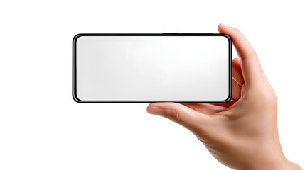 Hand holding a modern smartphone horizontally with a blank white screen, isolated on white background