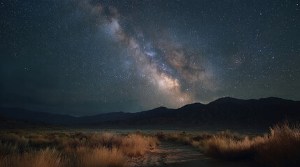 Fototapeta premium Deep night sky filled with the Milky Way over a calm desert.