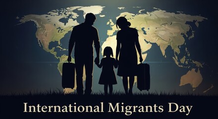 Silhouettes of a migrant family with suitcases against a world map background, International Migrants Day. Ideal for awareness campaigns. December 18