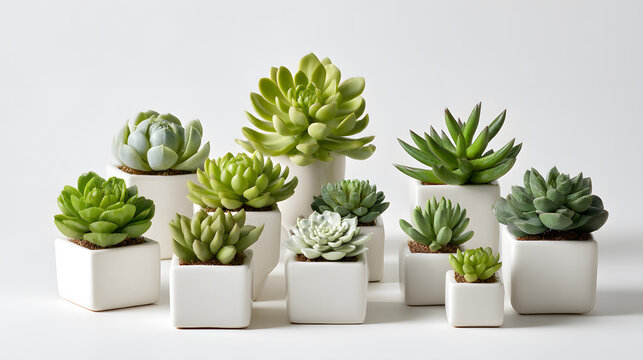 Collection of various green succulent plants in white ceramic pots isolated on white background