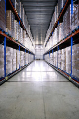 Fototapeta premium Warehouse aisle with pallets storing products for logistics