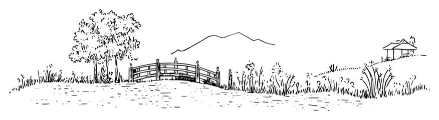 Obraz premium countryside landscape with trees fence and mountains