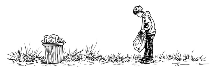 child collecting trash in nature sketch