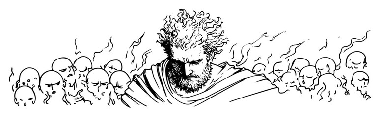 god figure with flames and skulls sketch