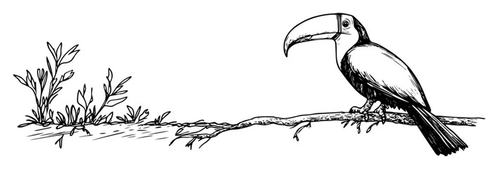Naklejka premium toucan on tree branch with leaves sketch