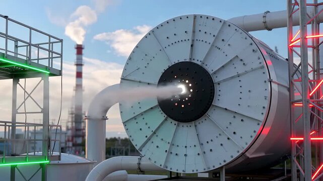 Industrial equipment with large circular component and interconnected pipes in an outdoor setting during daytime