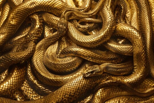 A mass of intertwined golden snakes forms a dense textured surface with shimmering scales. The image conveys luxury, intensity and dramatic reptilian symbolism.