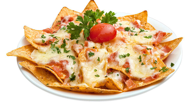 PNF of Delicious cheesy nachos topped with fresh herbs and a cherry tomato, served on a white plate.