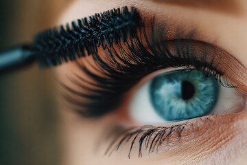 Woman applying mascara in a clean aesthetic beauty ritual with soft details.