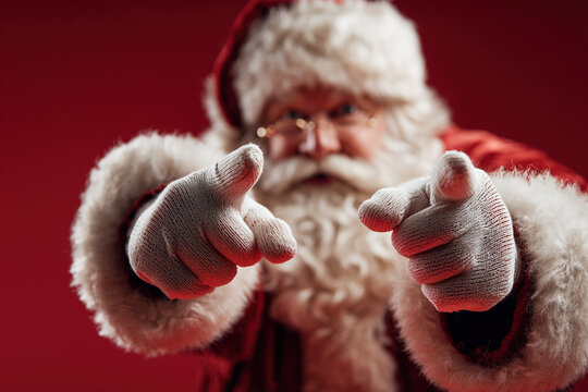 Santa Claus pointing fingers at viewer with red background	