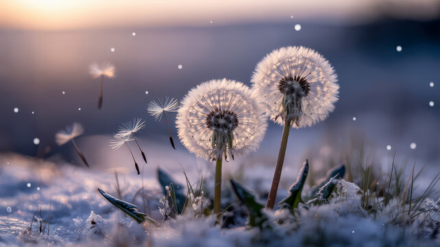 Winter dandelions glowing at sunrise with frosty ground and flying seeds