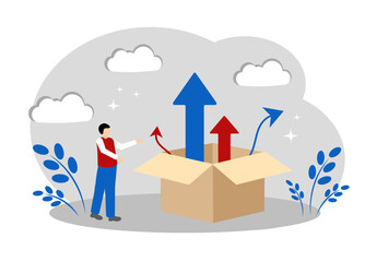 A man, a box and arrows. The concept of life path choice, problem solving, personal rots and development