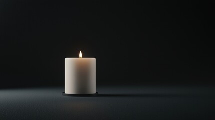 A single white candle with a flickering flame sits on a black base against a dark background.