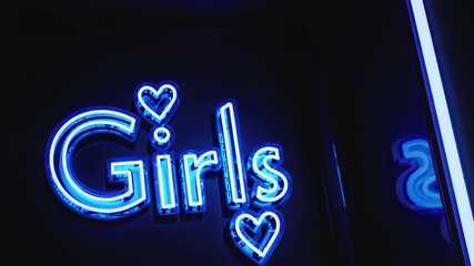 Vibrant neon nightlife scene with glowing blue girls sign reflecting on dark glossy surface, concept of modern urban entertainment atmosphere and bold nightlife aesthetic