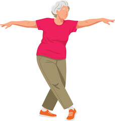 Active senior woman dancing or balancing with outstretched arms, healthy lifestyle concept, cad drawing flat vector illustration