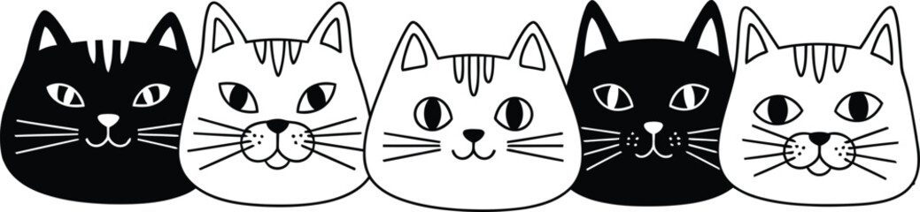 Row of cute cat faces black and white doodle illustration