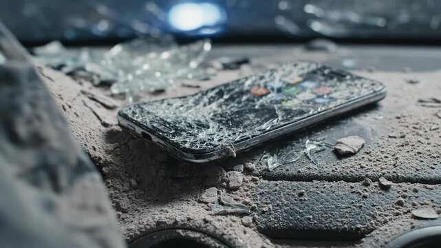 Broken phone display with shattered screen, damage after accident, and cracked glass. Broken phone details the impact on digital devices after mishandling or accident